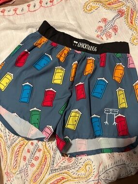 Chicklegs Women's Dark Teal Athletic Shorts with Multicolor Door Print